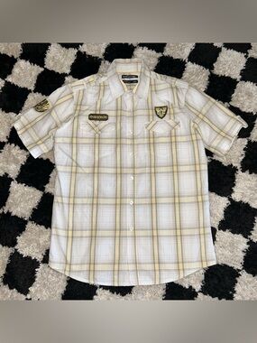 Y2K Ecko Unltd. The Dwyer Button-Up Shirt Men's Medium Yellow Grey Check Patches